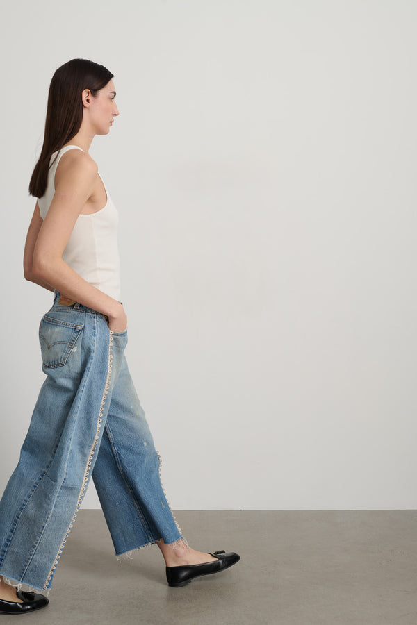 B Sides Vintage Lasso Jean Slouch Crop Classic Faded Indigo Hand Tatted Lace
