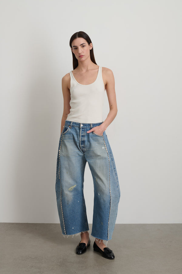 b sides Vintage Lasso Jean Slouch Crop Classic Faded Indigo Hand Tatted Lace