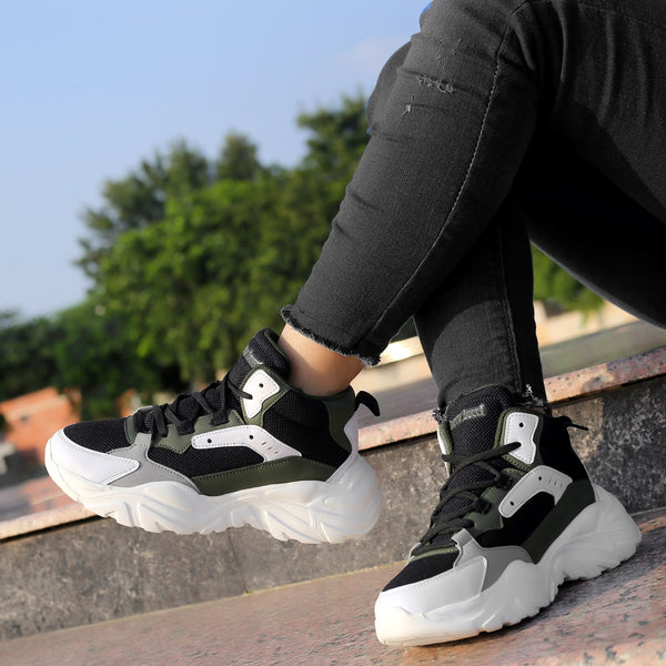 Bacco Bucci Bacca Bucci NYRA Mid-top Platform Fashion Sneakers For Women | StreetWear Chunky Sneakers BLACK:WHITE:GREEN