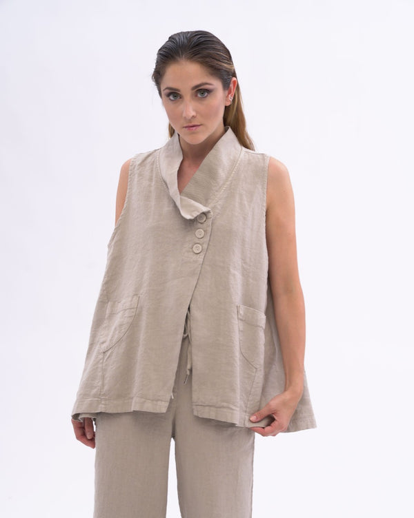 baci Asysemtrical Button Up Linen Vest Natural