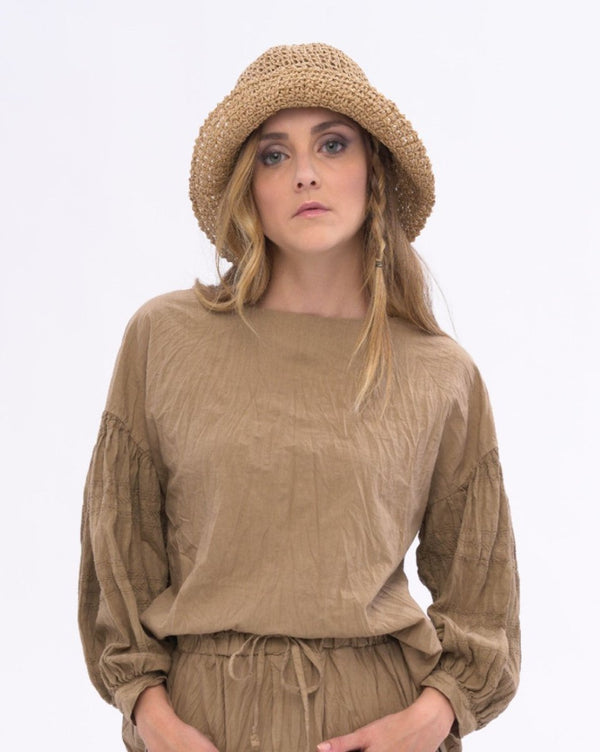 Baci Boat Neck Pleated Crinkled Blouse Black