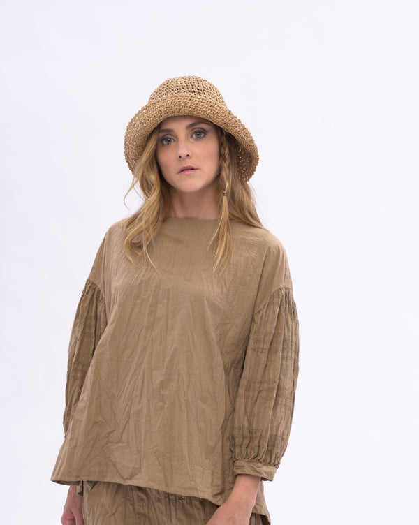 Baci Boat Neck Pleated Crinkled Blouse Black