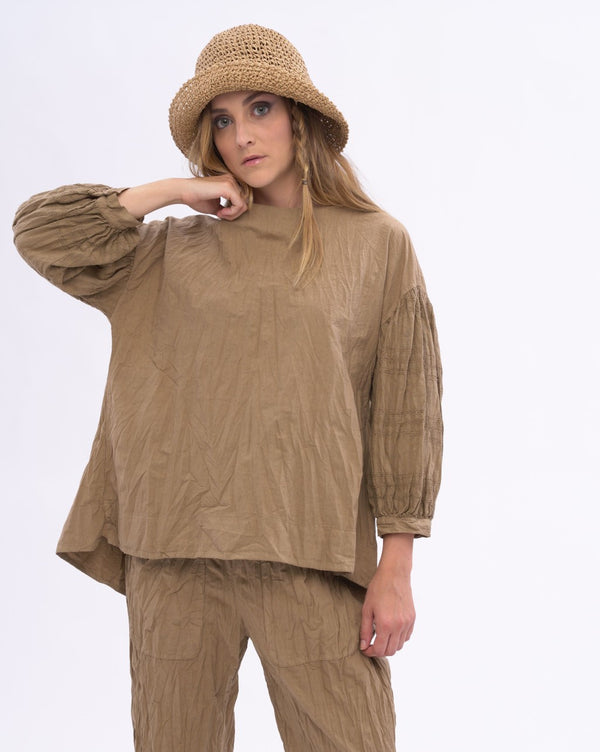 baci Boat Neck Pleated Crinkled Blouse Black