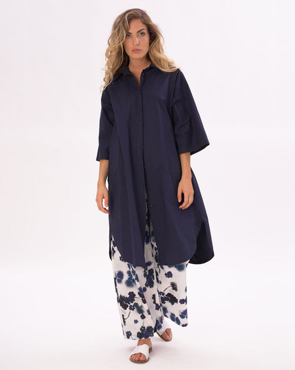 Baci Button Up Pleated Back Shirtdress Dark Blue