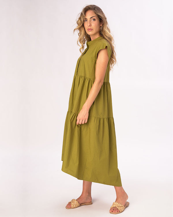 Baci Cap Sleeve Band Collar Cotton Dress Chocolate