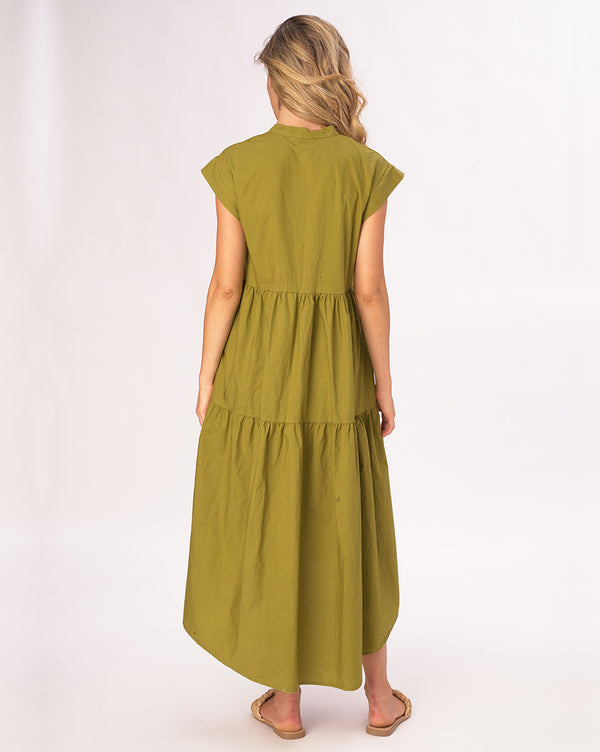 Baci Cap Sleeve Band Collar Cotton Dress Chocolate