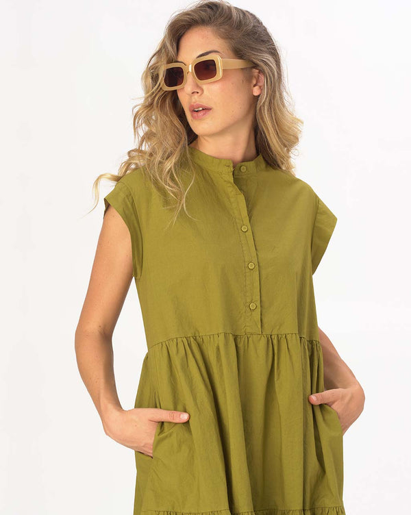 Baci Cap Sleeve Band Collar Cotton Dress Chocolate