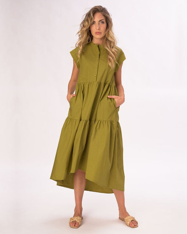 baci Cap Sleeve Band Collar Cotton Dress Chocolate