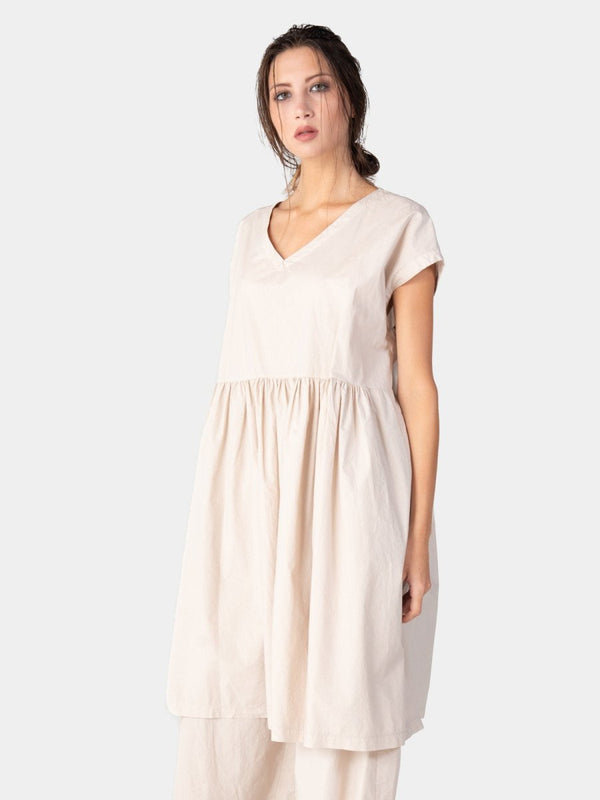 baci Cap Sleeve Organic Cotton V-Neck Dress Bianco