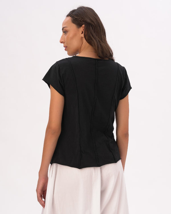 Baci Cap Sleeve Stitched Cotton Button Top Black