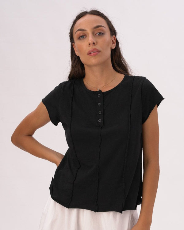 baci Cap Sleeve Stitched Cotton Button Top Black