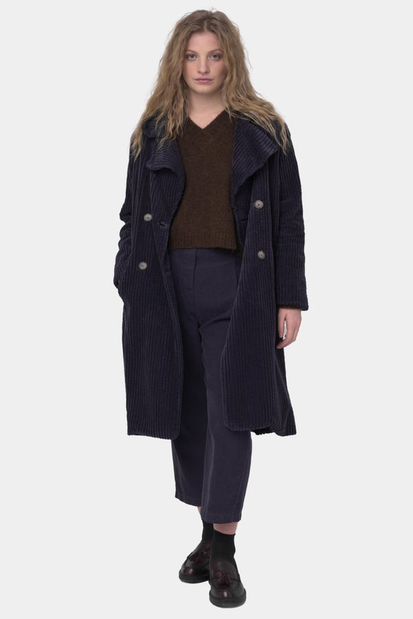 baci Corduroy Double-Breasted Overcoat Dark Blue