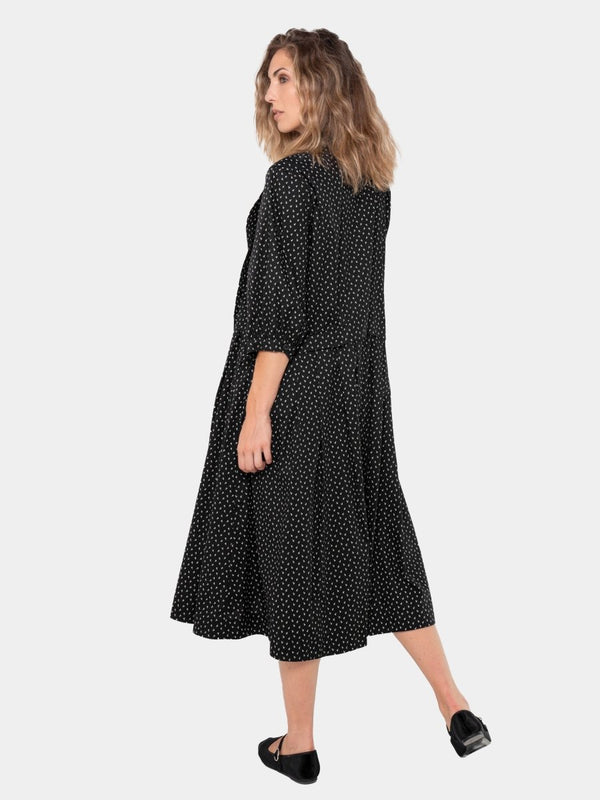 Baci Cotton 3/4 Sleeve Pleat Midi Dress Black
