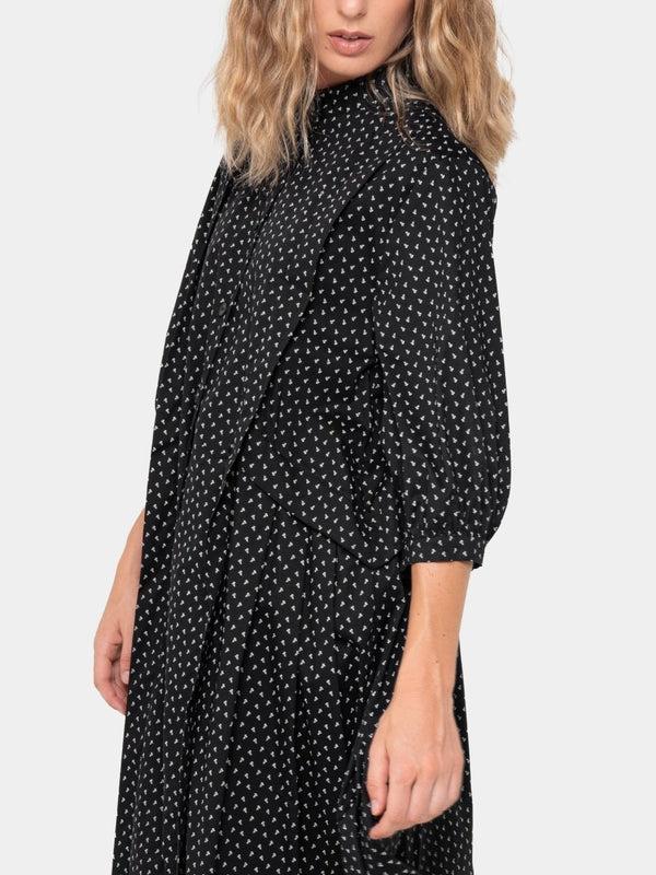 Baci Cotton 3/4 Sleeve Pleat Midi Dress Black