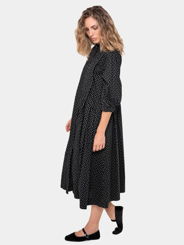 Baci Cotton 3/4 Sleeve Pleat Midi Dress Black