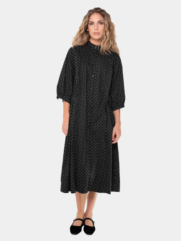 baci Cotton 3/4 Sleeve Pleat Midi Dress Black