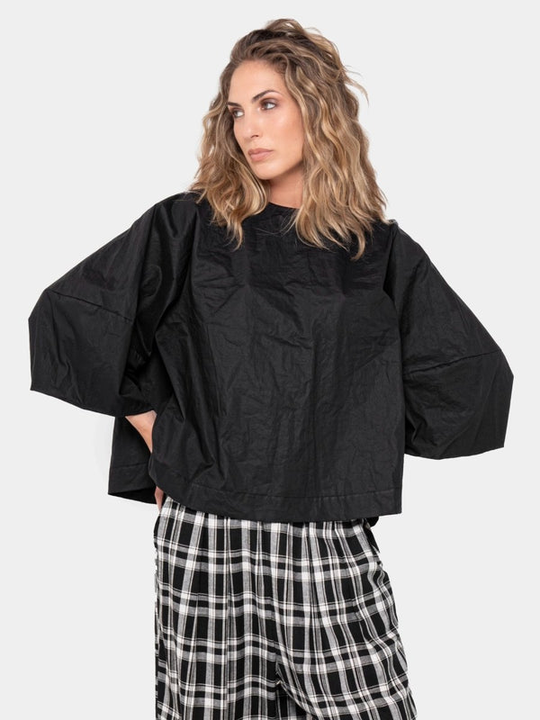 baci Cotton Cropped Flare Blouse Black