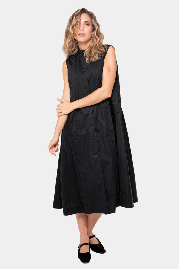 Baci Cotton Sleeveless Pleat Midi Dress Black