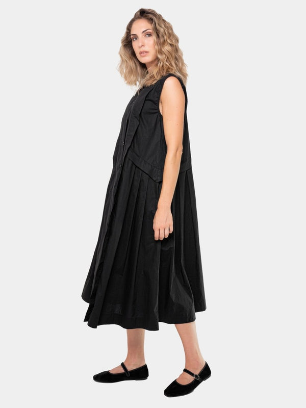 Baci Cotton Sleeveless Pleat Midi Dress Black