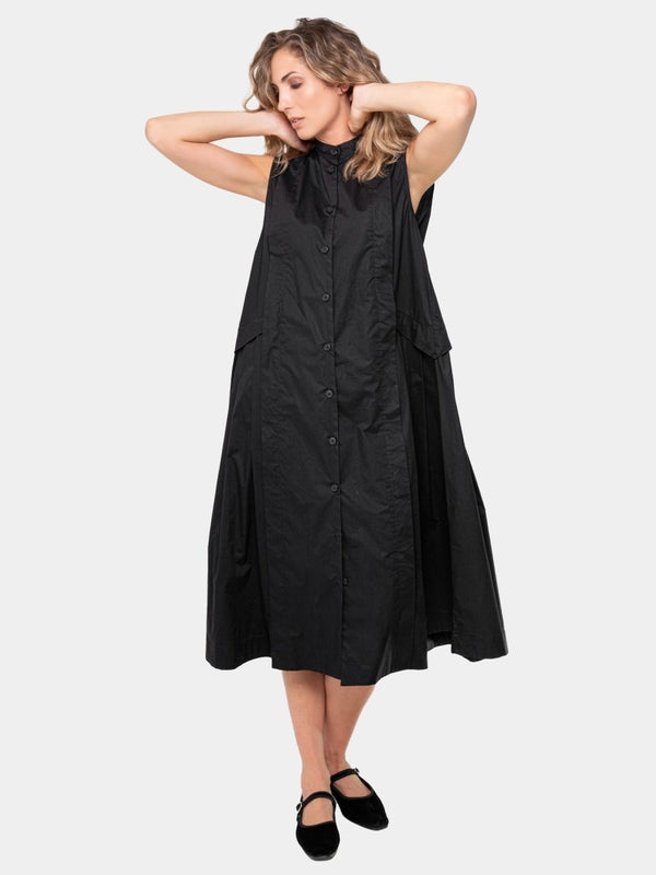 baci Cotton Sleeveless Pleat Midi Dress Black