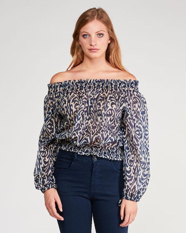 baci Cotton Tribal Print Blouse Navy Beige