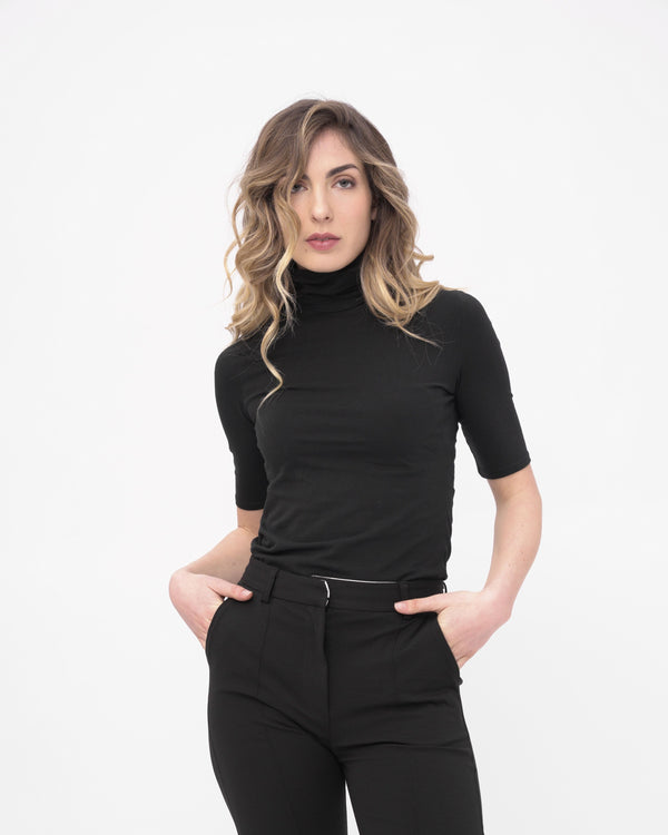 baci Cowl-Turtleneck Short Sleeve T-Shirt Black