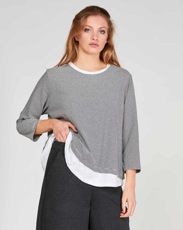 Baci Crewneck Layered Striped Blouse Black / White