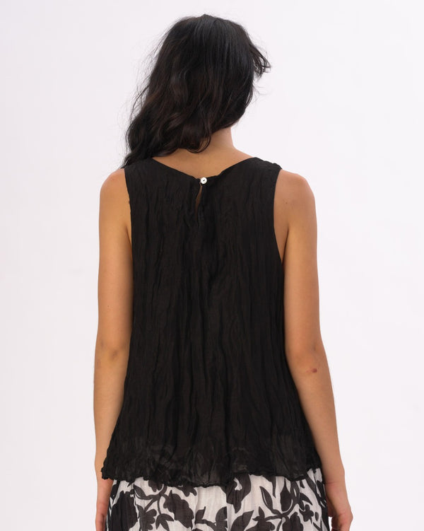 Baci Crinkled Cotton Linen Tank Black