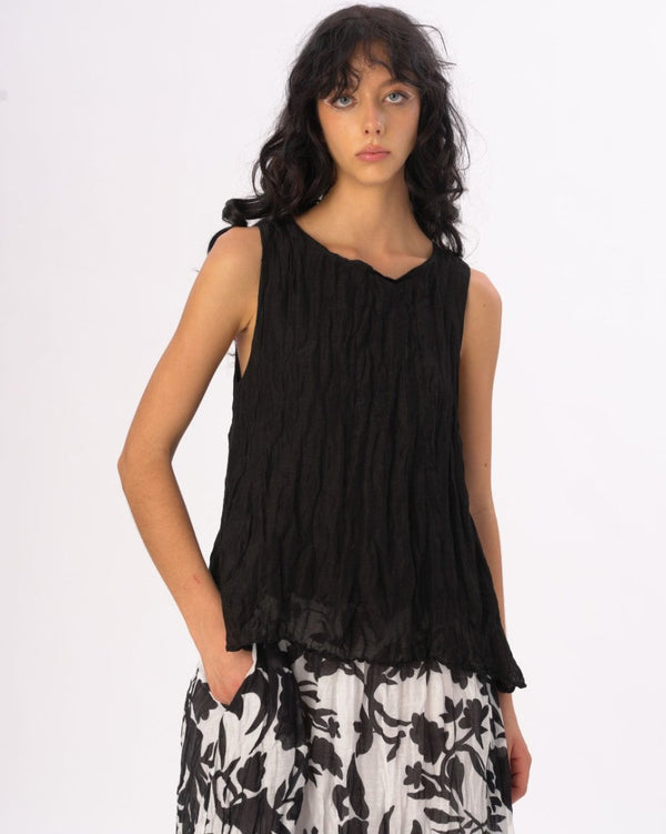 baci Crinkled Cotton Linen Tank Black