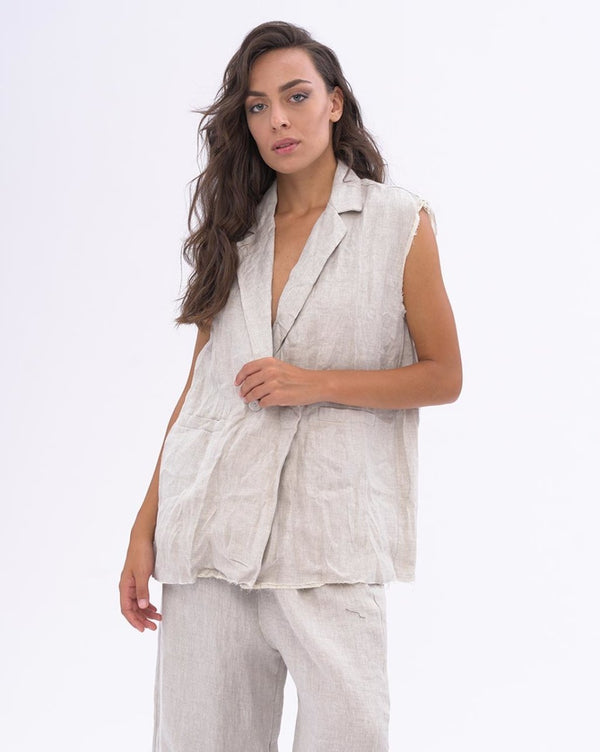 Baci Crinkled Linen Sleeveless Blazer Natural