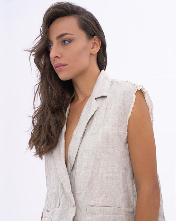 Baci Crinkled Linen Sleeveless Blazer Natural