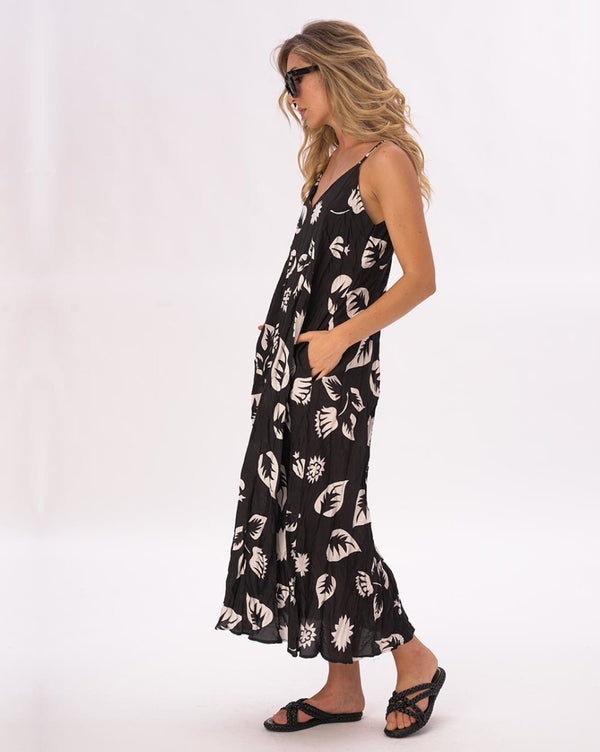 Baci Crinkled Maxi Floral Slip Dress Black / White