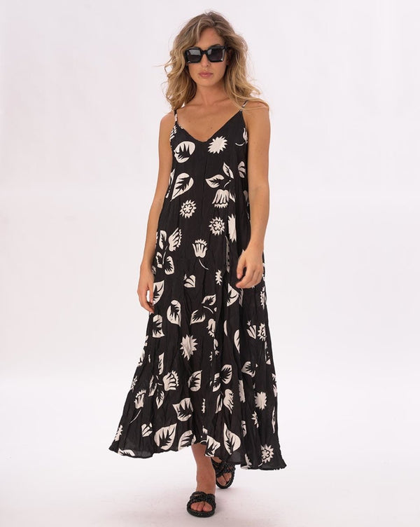 baci Crinkled Maxi Floral Slip Dress Black / White