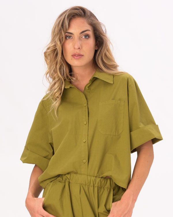 baci Drop 3/4 Sleeve Cotton Button Up Shirt Black