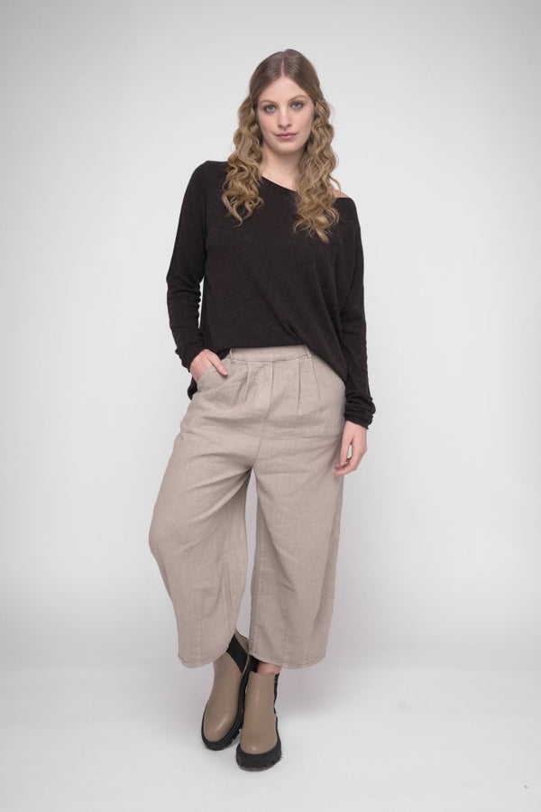 Baci Elastic Waist Cotton Linen Blend Pants Black