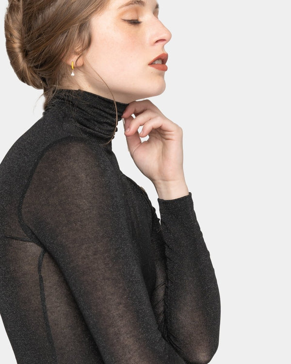 Baci Fitted Glitter Turtleneck Tee Black