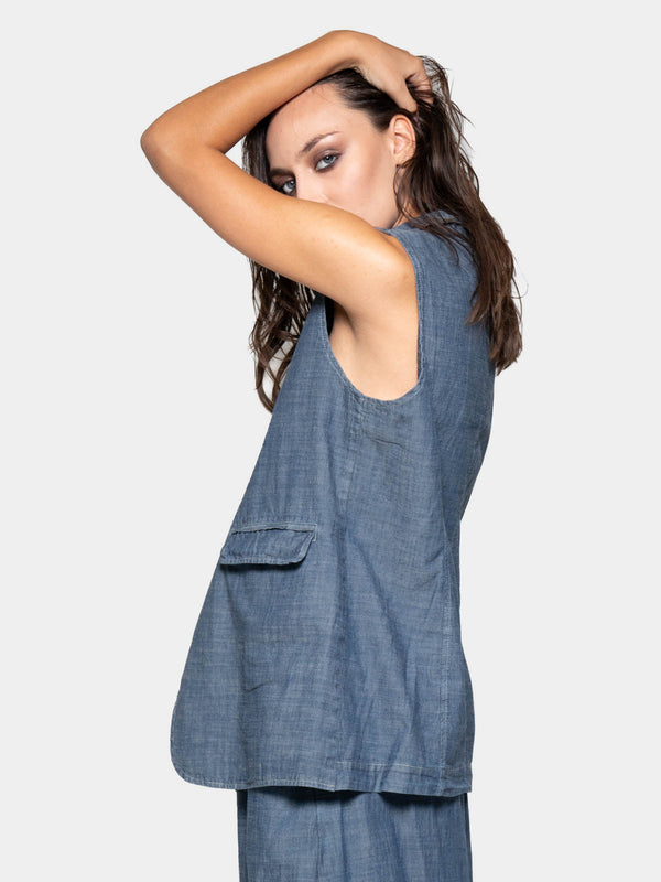 Baci Flap Pocket Denim Look Vest Cappuccino