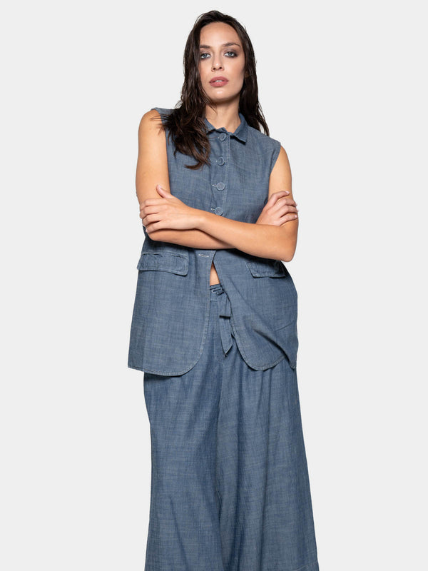 Baci Flap Pocket Denim Look Vest Cappuccino