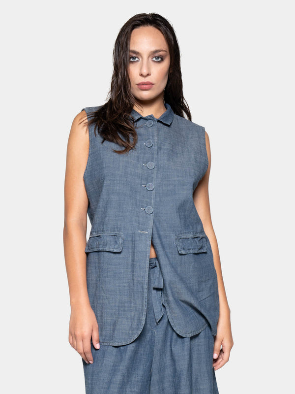baci Flap Pocket Denim Look Vest Cappuccino