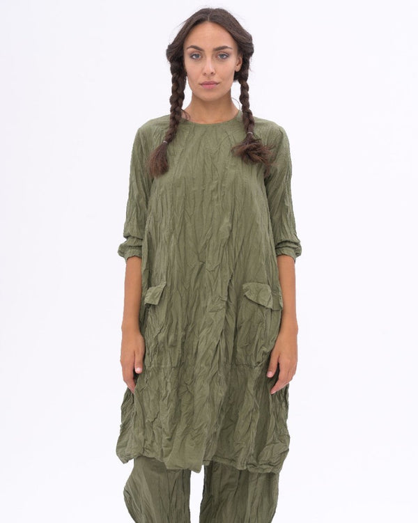 baci Flap Pocket Pleated Crinkled Dress Black