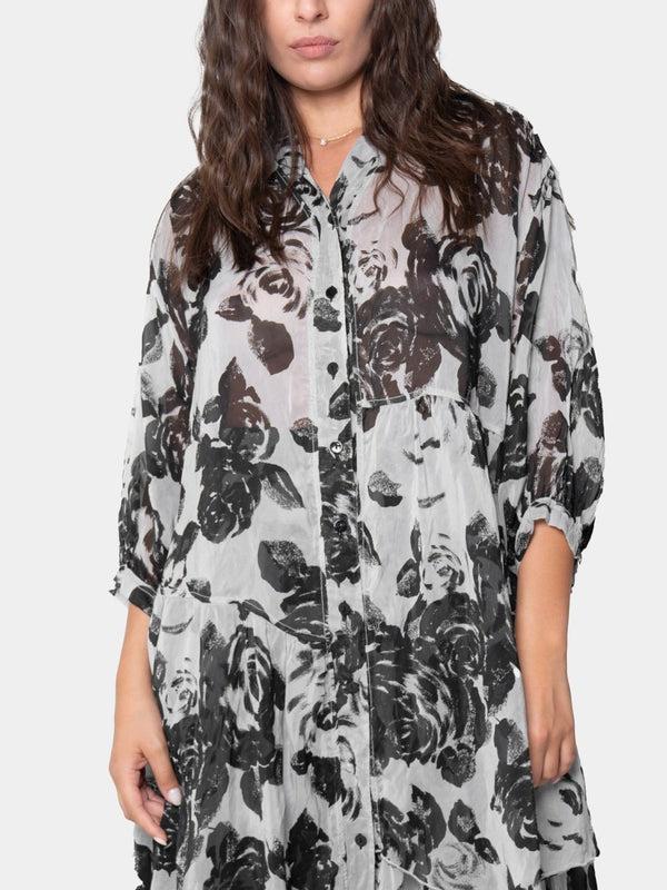 Baci Floral Asymmetrical Shirtdress Black Print
