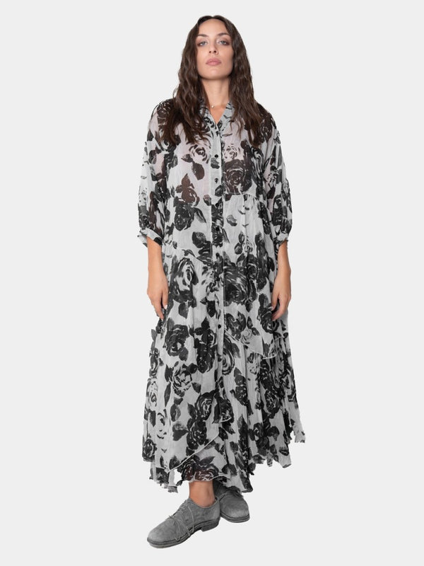 Baci Floral Asymmetrical Shirtdress Black Print