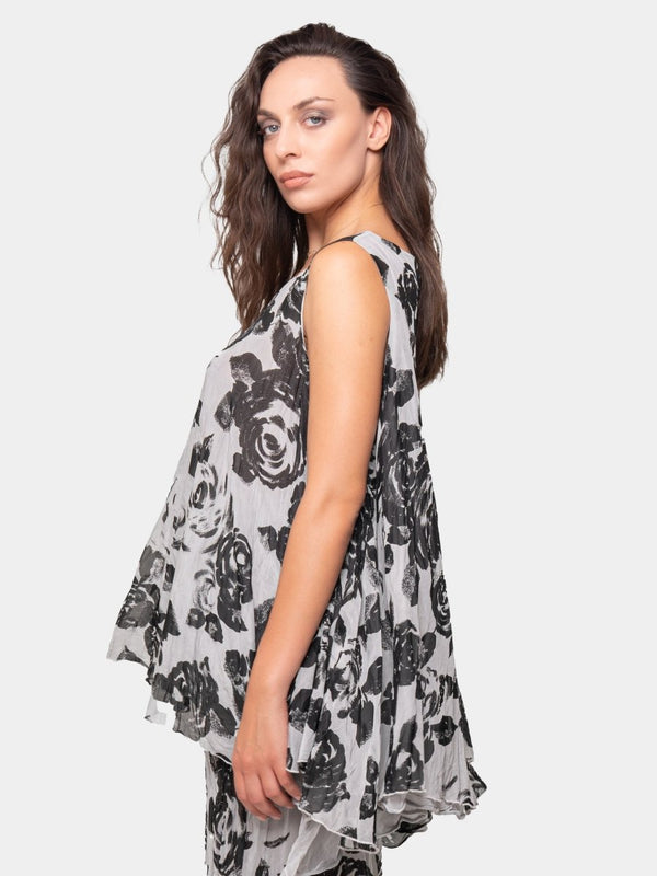 Baci Floral Double Layer Top Black Print