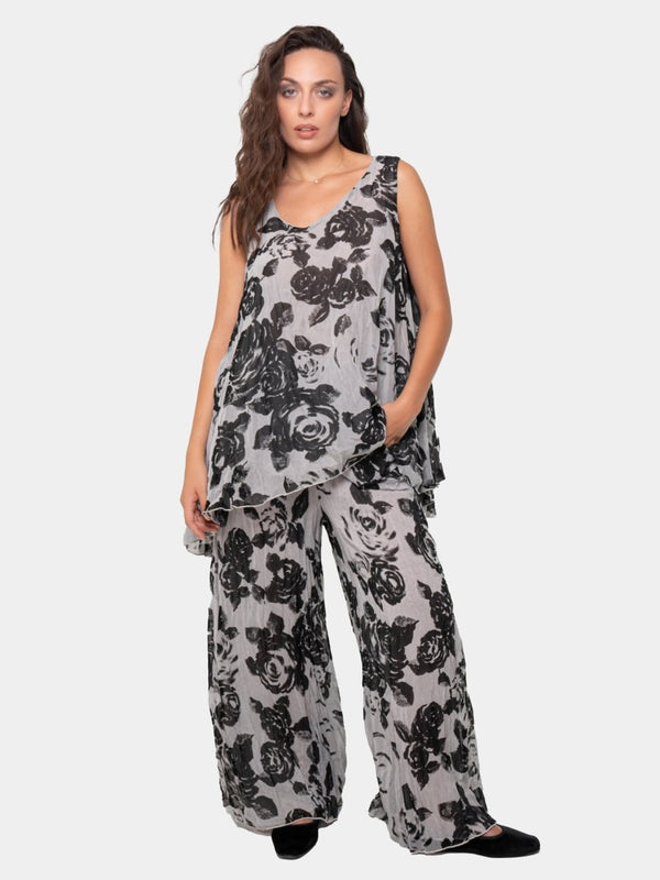 Baci Floral Double Layer Top Black Print