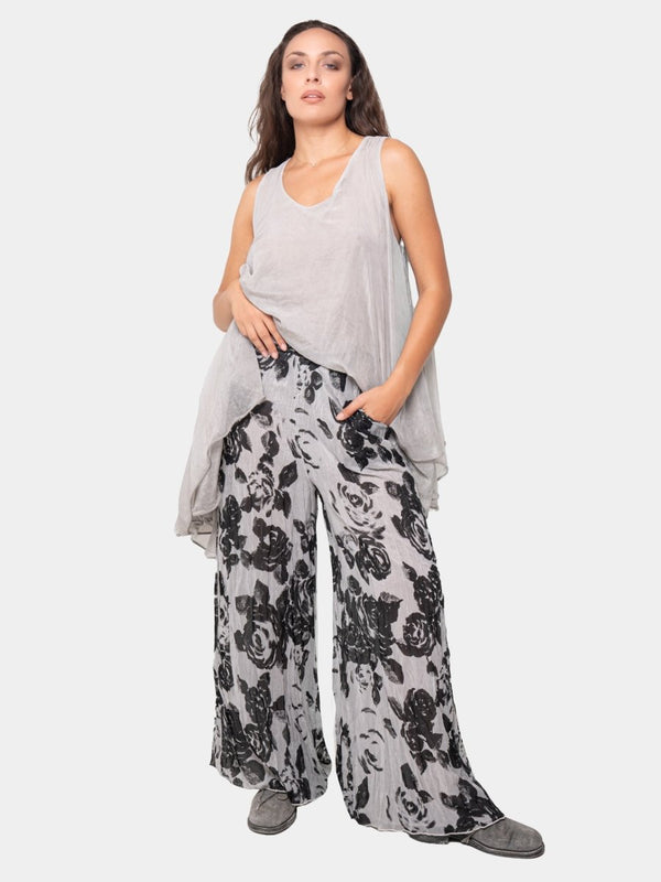 Baci Floral Raw Edge Wide Trousers Black Print