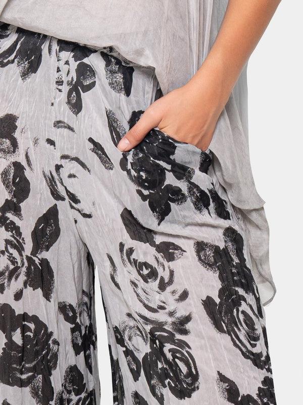 Baci Floral Raw Edge Wide Trousers Black Print