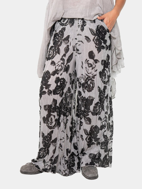 baci Floral Raw Edge Wide Trousers Black Print