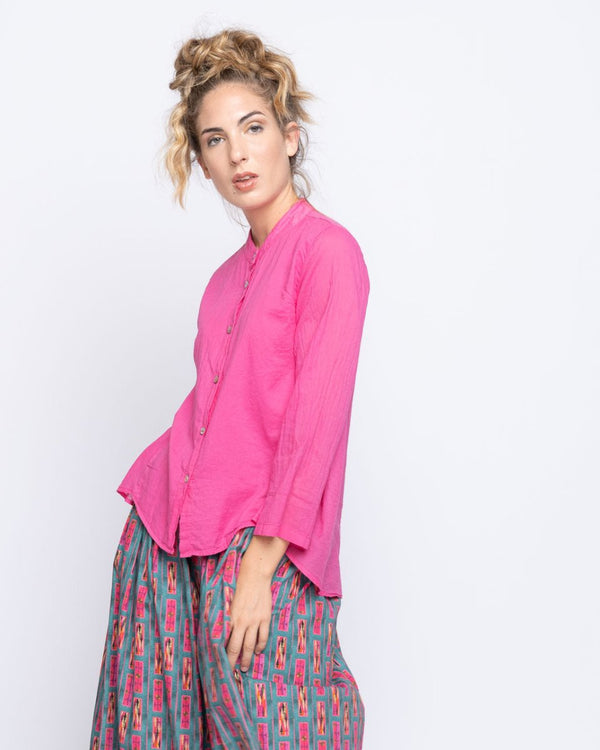 Baci Hi-lo Button-Up Band Collar Shirt Fuchsia