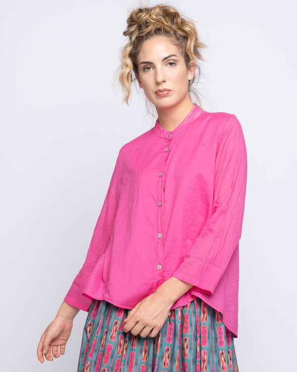 baci Hi-lo Button-Up Band Collar Shirt Fuchsia