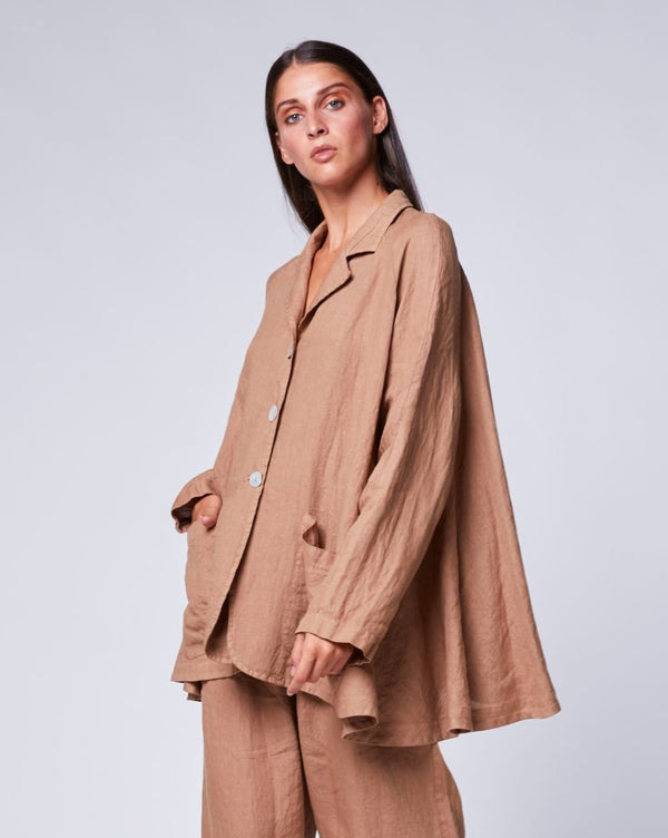 baci Linen 3 Button Swing Jacket Camel
